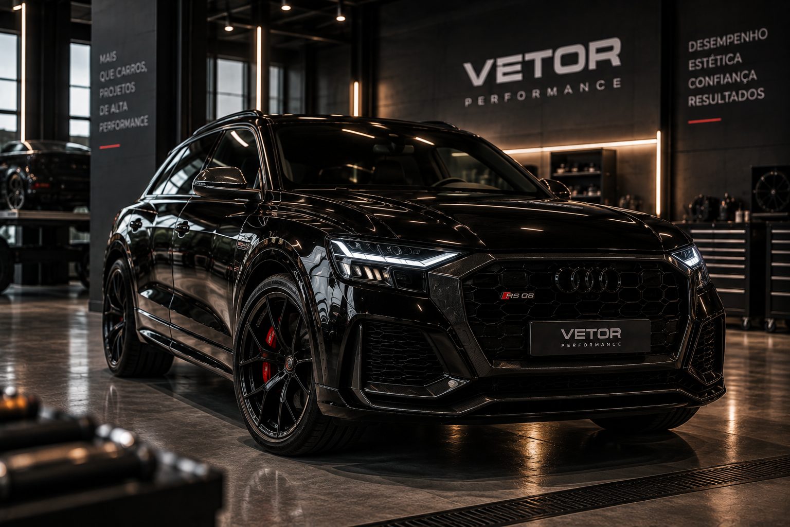 Audi RS Q8 preto preparado, exposto na oficina da Vetor