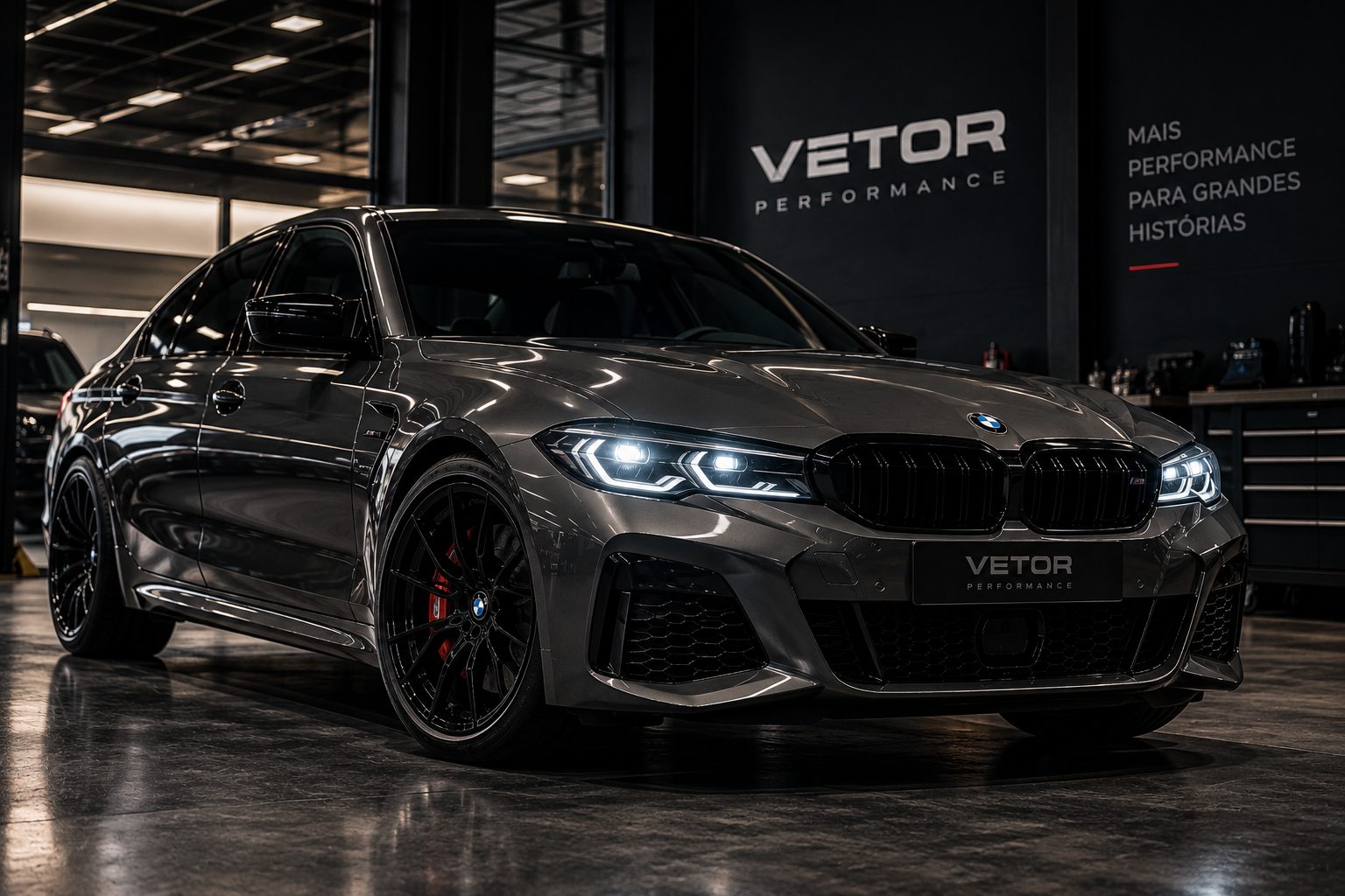 BMW preparado exposto na oficina da Vetor, com o letreiro Vetor Performance ao fundo