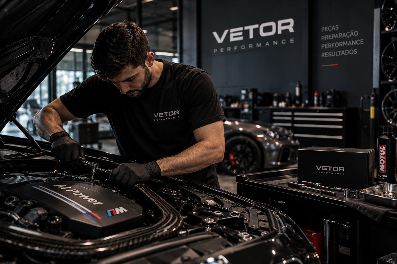 Técnico da Vetor trabalhando no motor M Power de um BMW