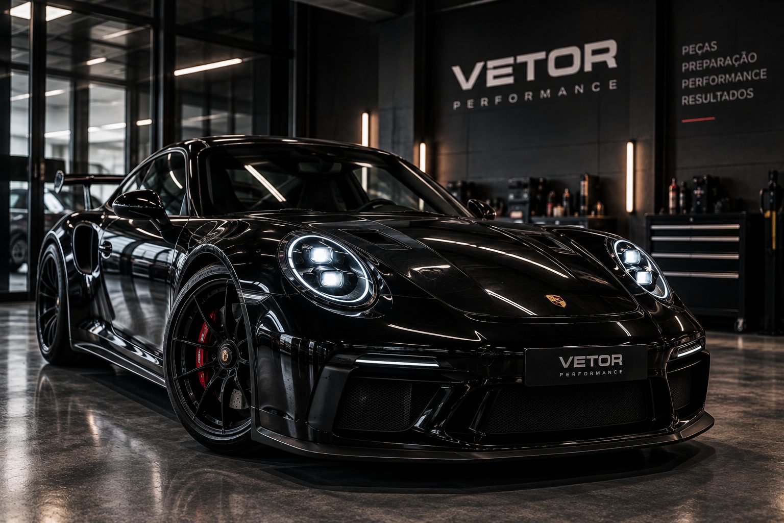 Porsche 911 preto preparado, exposto na oficina da Vetor