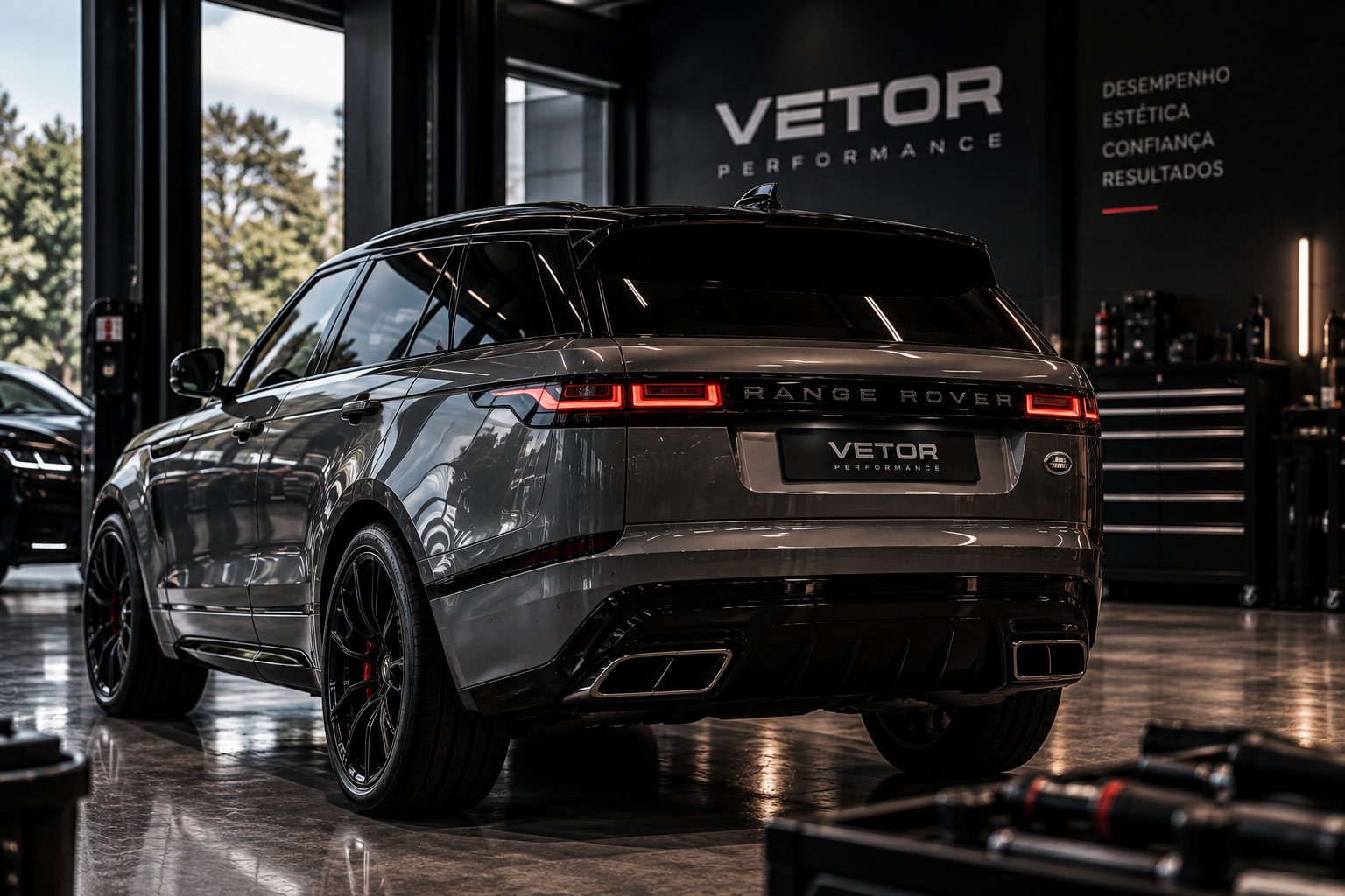 Range Rover Velar preparado, exposto na oficina da Vetor