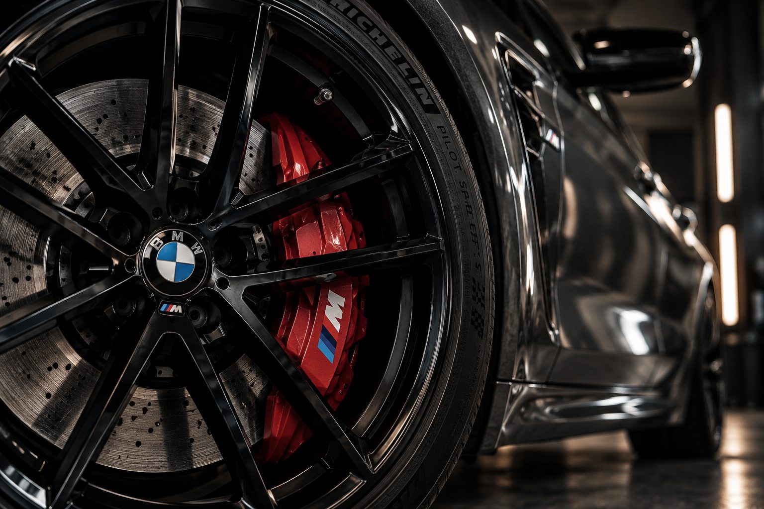 Close da roda e da pinça de freio vermelha M Performance de um BMW preparado pela Vetor